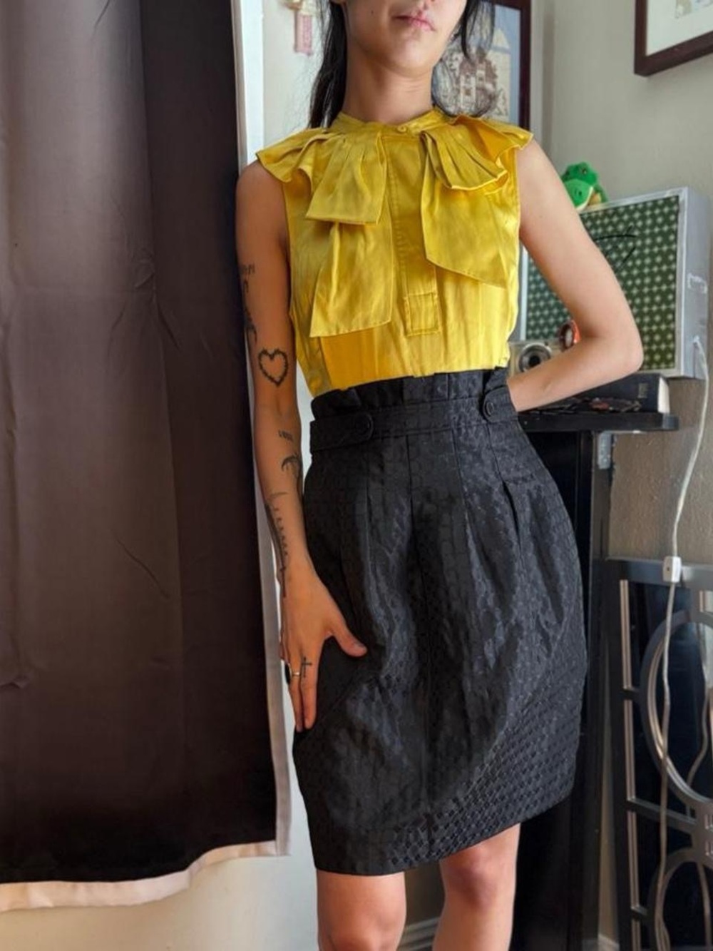Yellow & Black Midi Dress W Ruffled Collar by BCBGMaxAzria